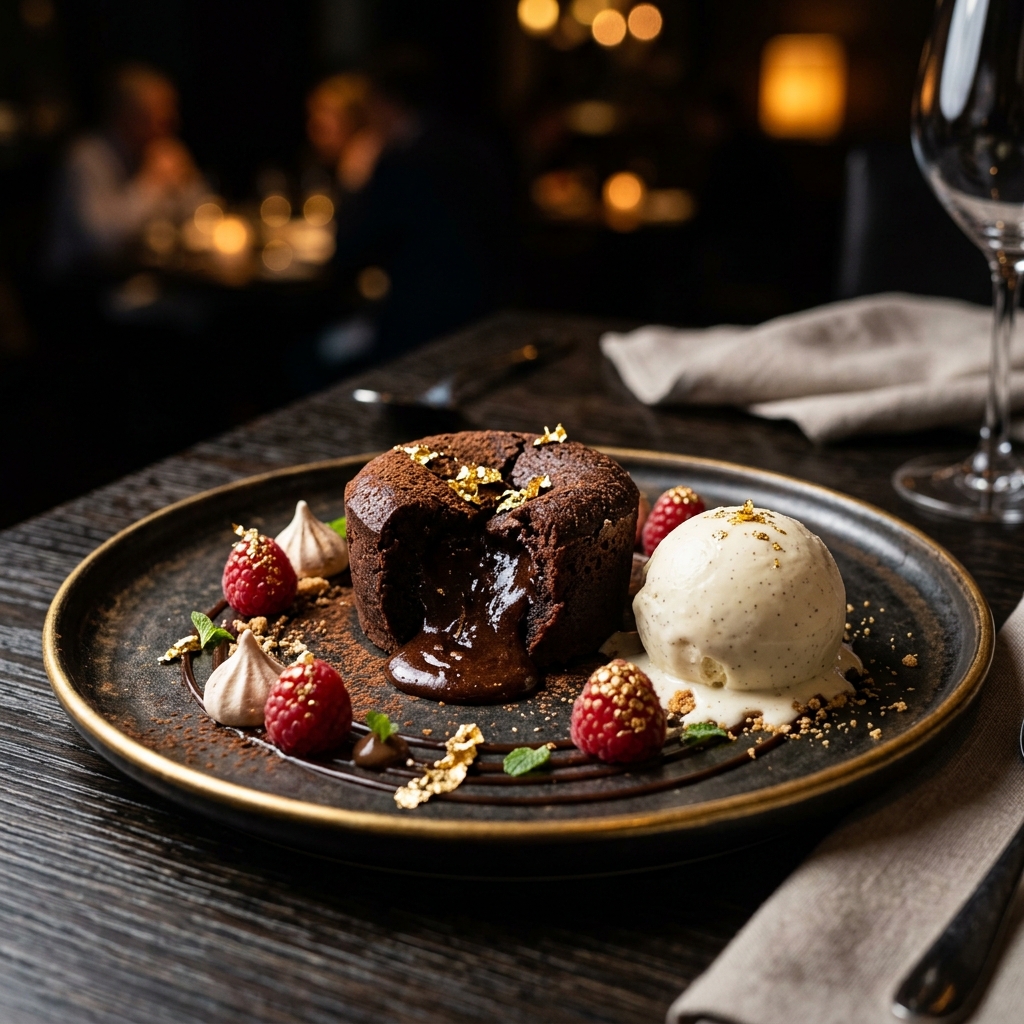 Chocolate Fondant — Valrhona dark chocolate with vanilla ice cream